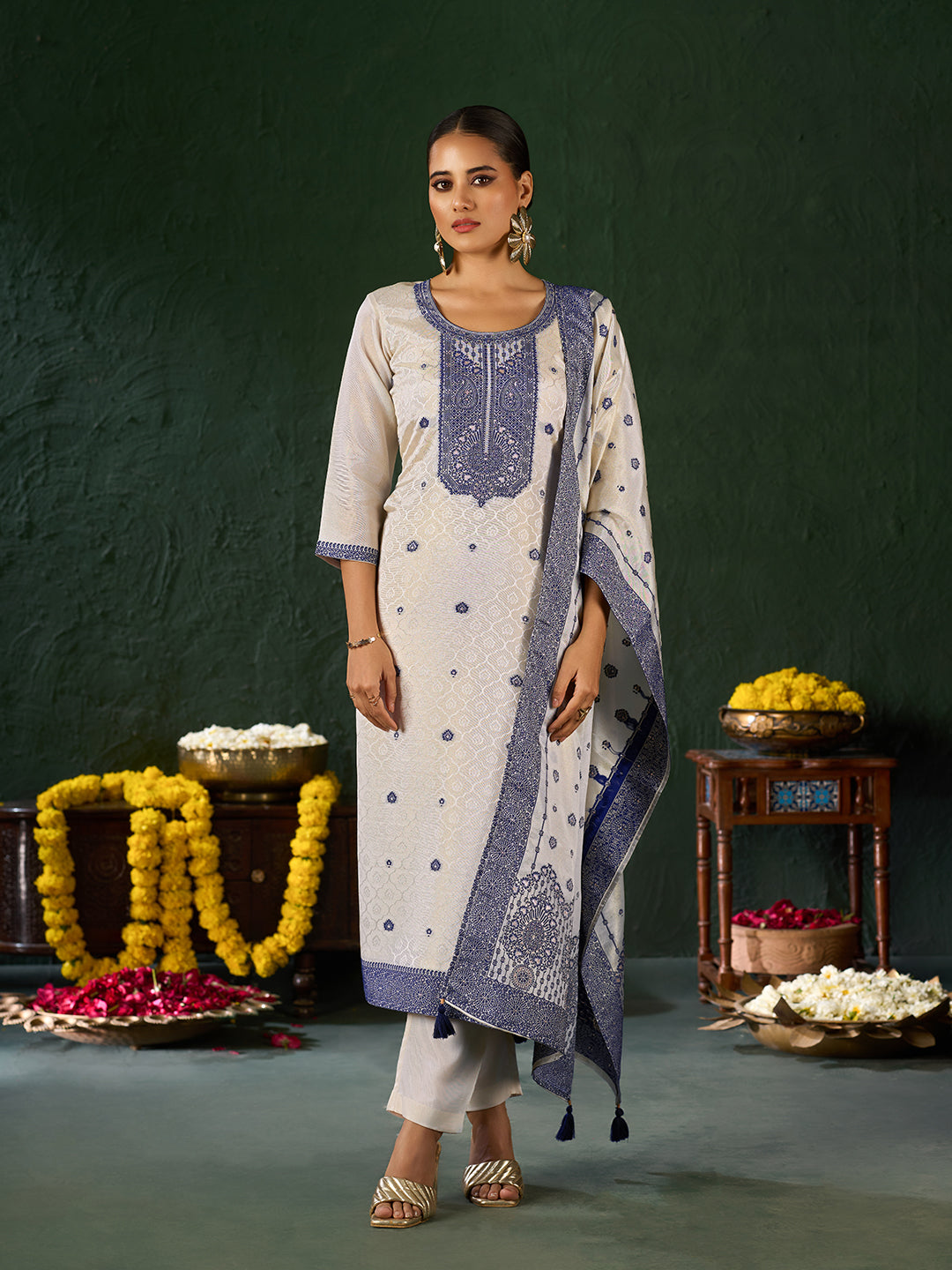 Women's Blue Pure Gold Tissue Silk Embroidered Kurta set with dupatta