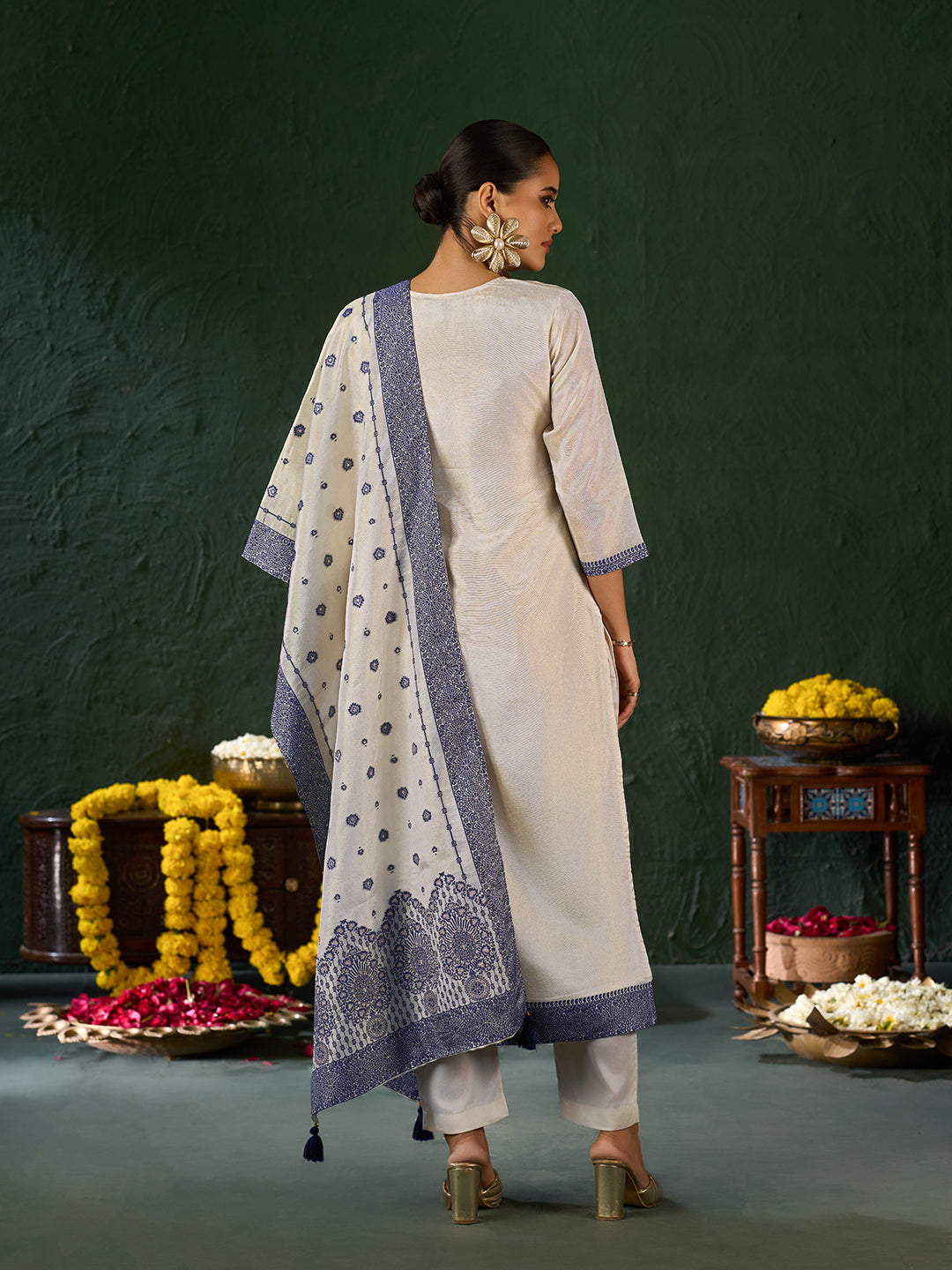 Women's Blue Pure Gold Tissue Silk Embroidered Kurta set with dupatta