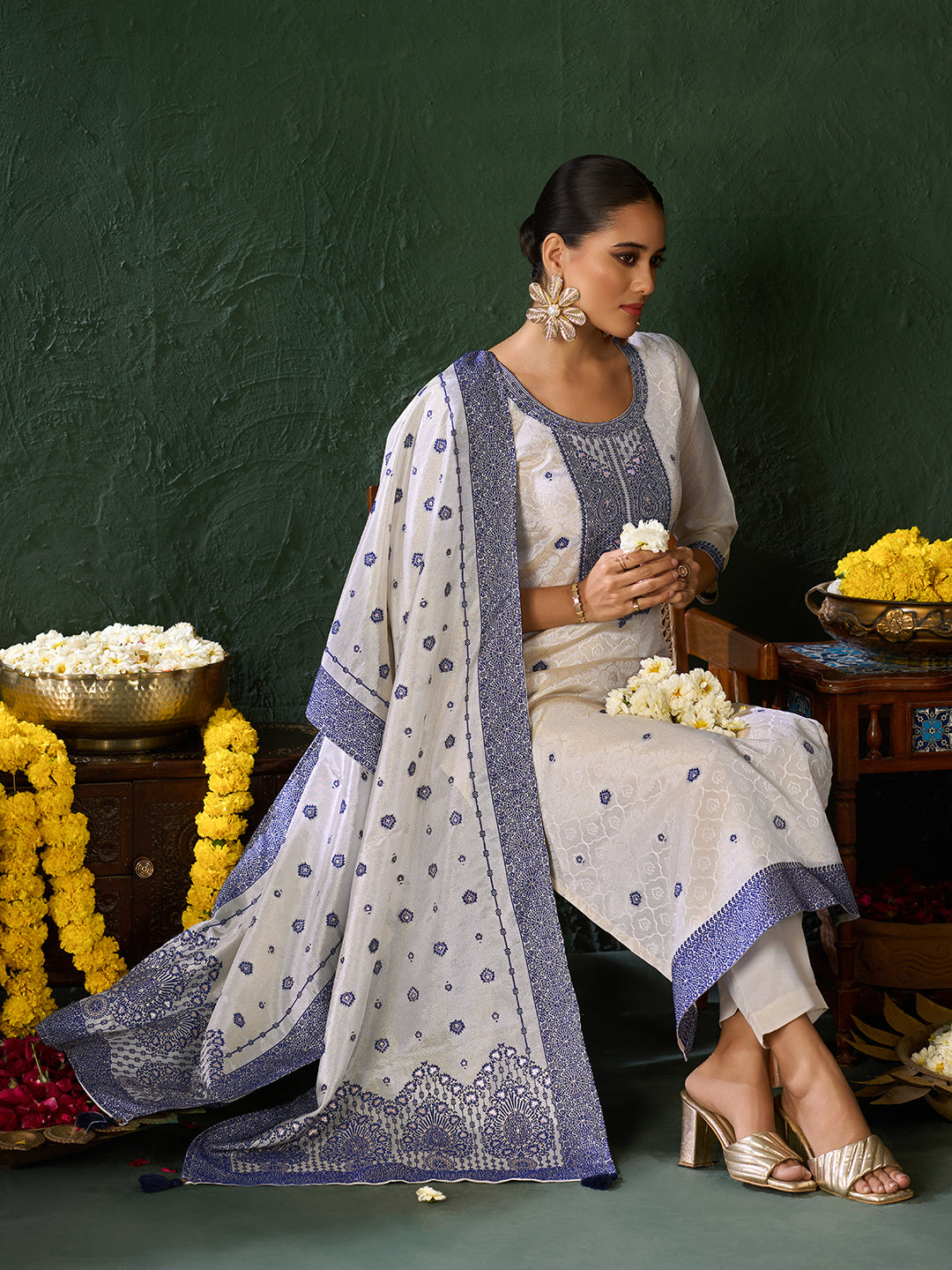 Women's Blue Pure Gold Tissue Silk Embroidered Kurta set with dupatta