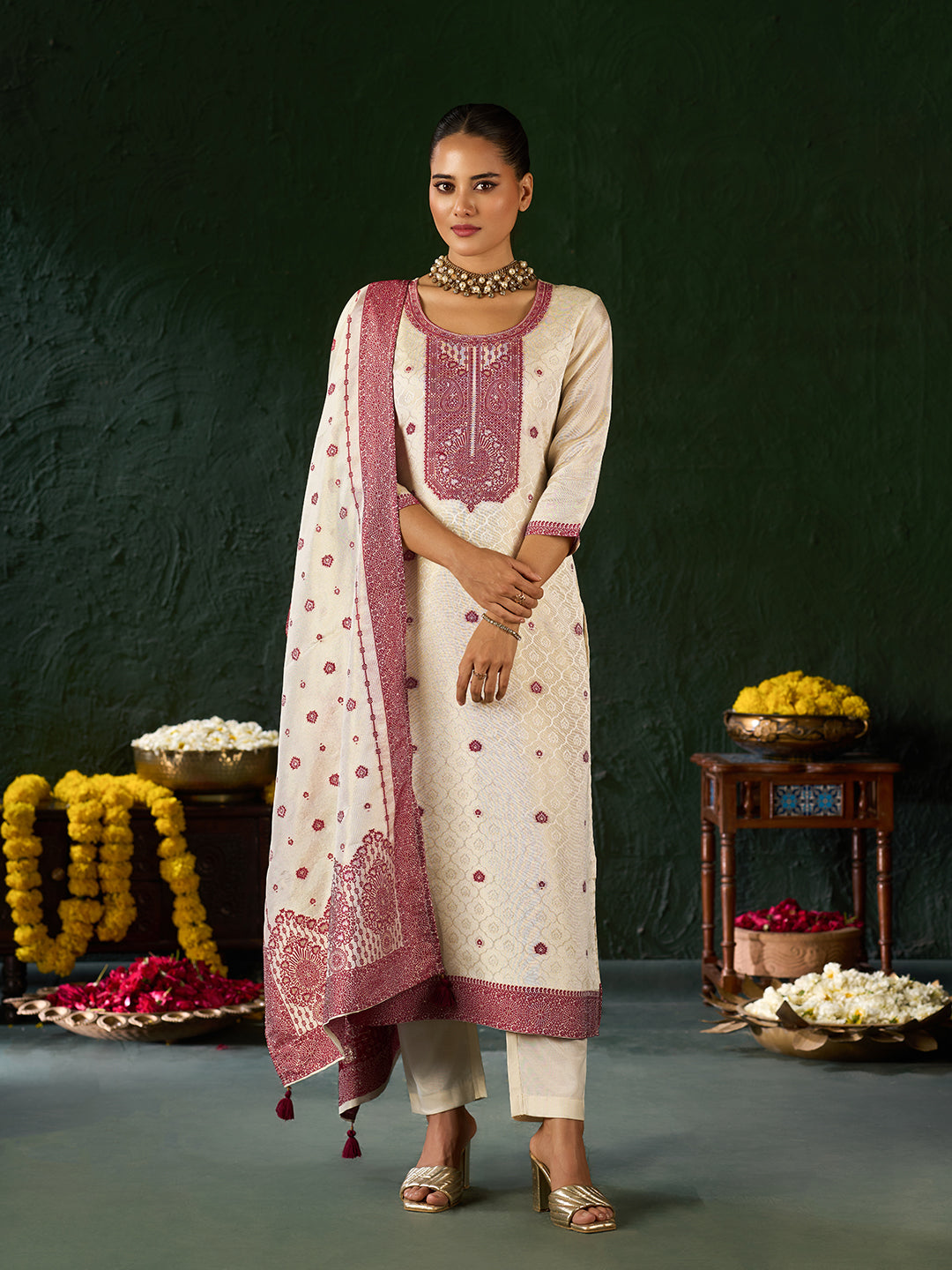 Women's Maroon Pure Gold Tissue Silk Embroidered Kurta set with dupatta