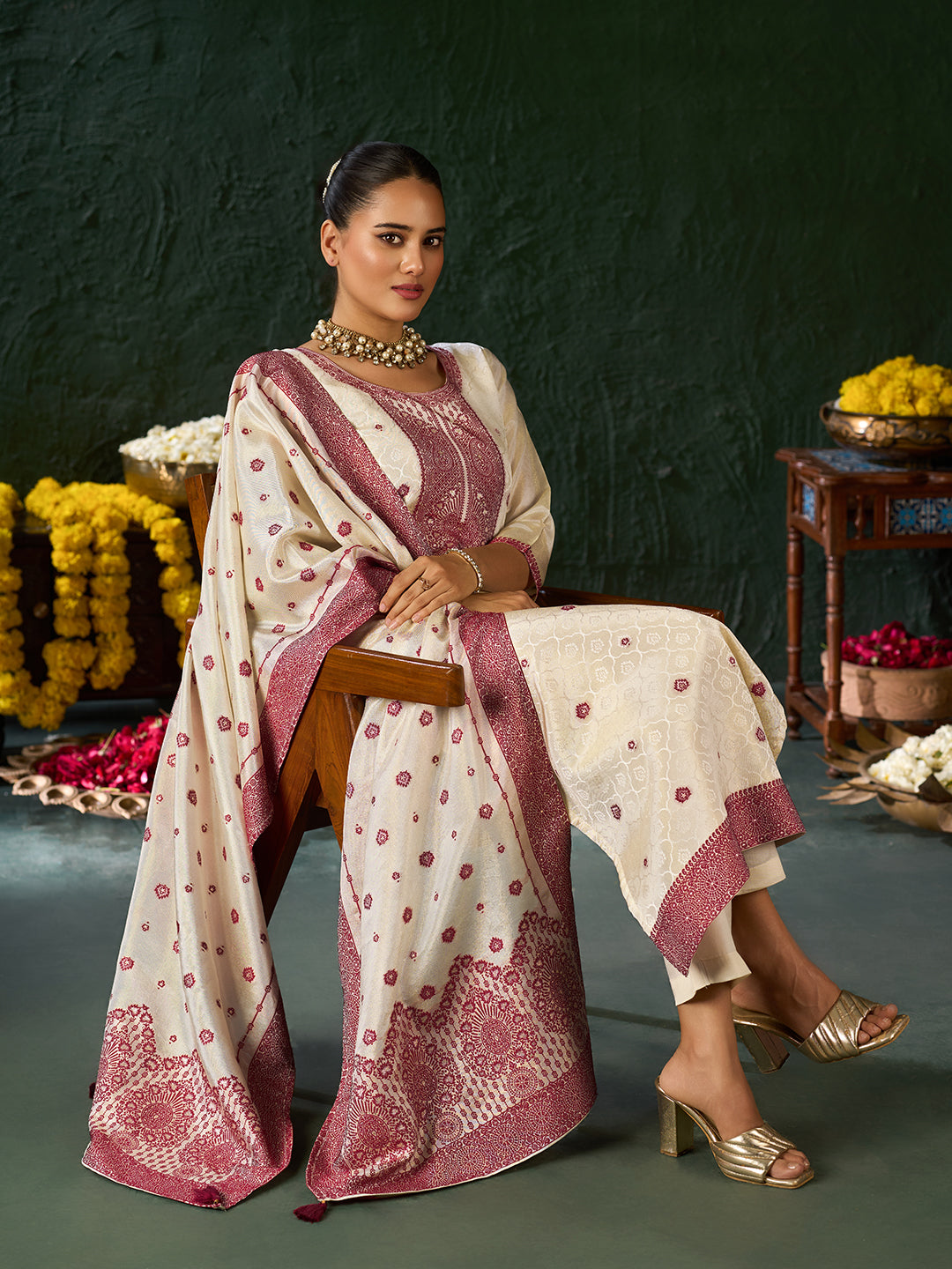Women's Maroon Pure Gold Tissue Silk Embroidered Kurta set with dupatta