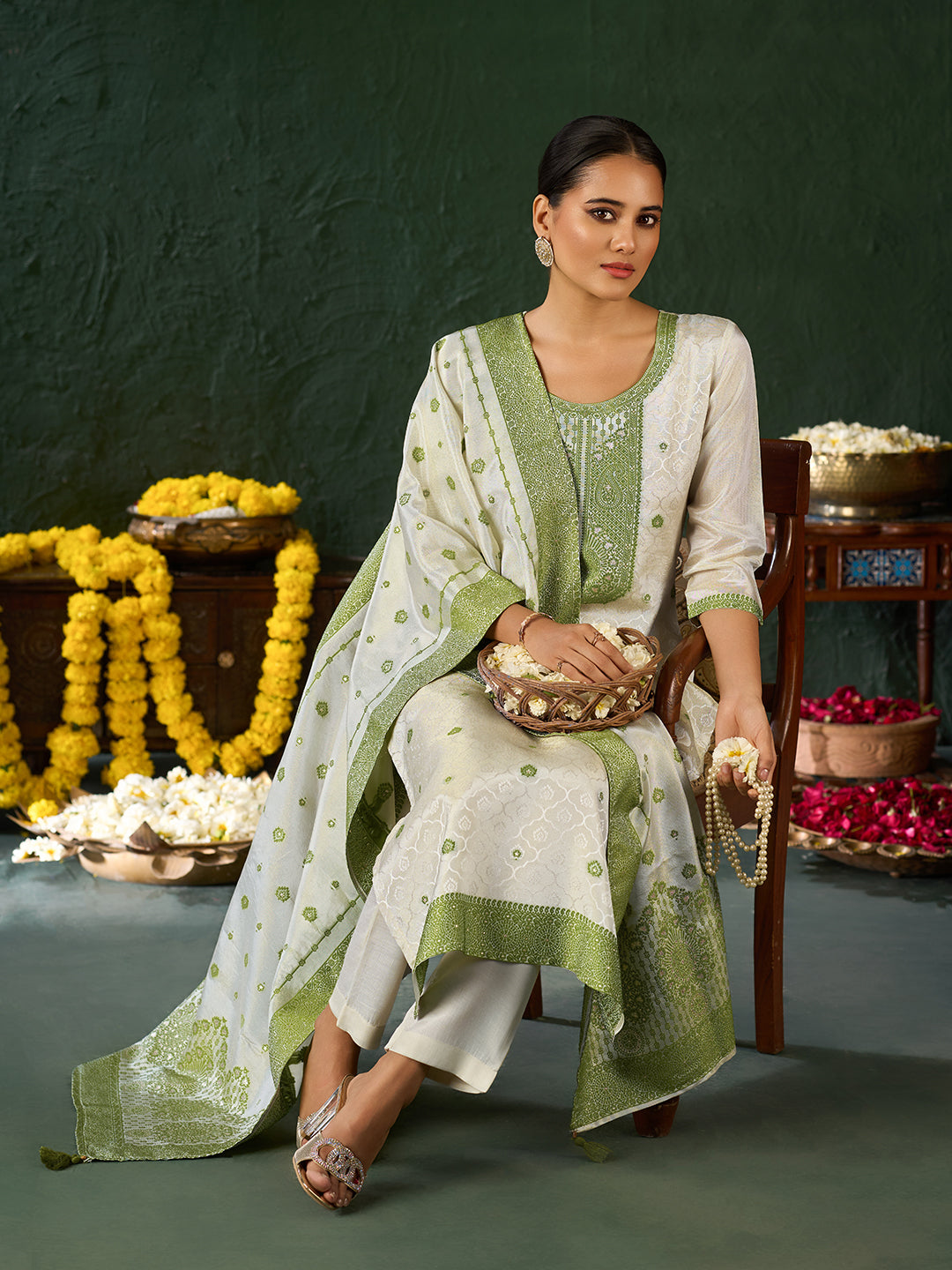 Women's Parrot Green Pure Gold Tissue Silk Embroidered Kurta set with dupatta
