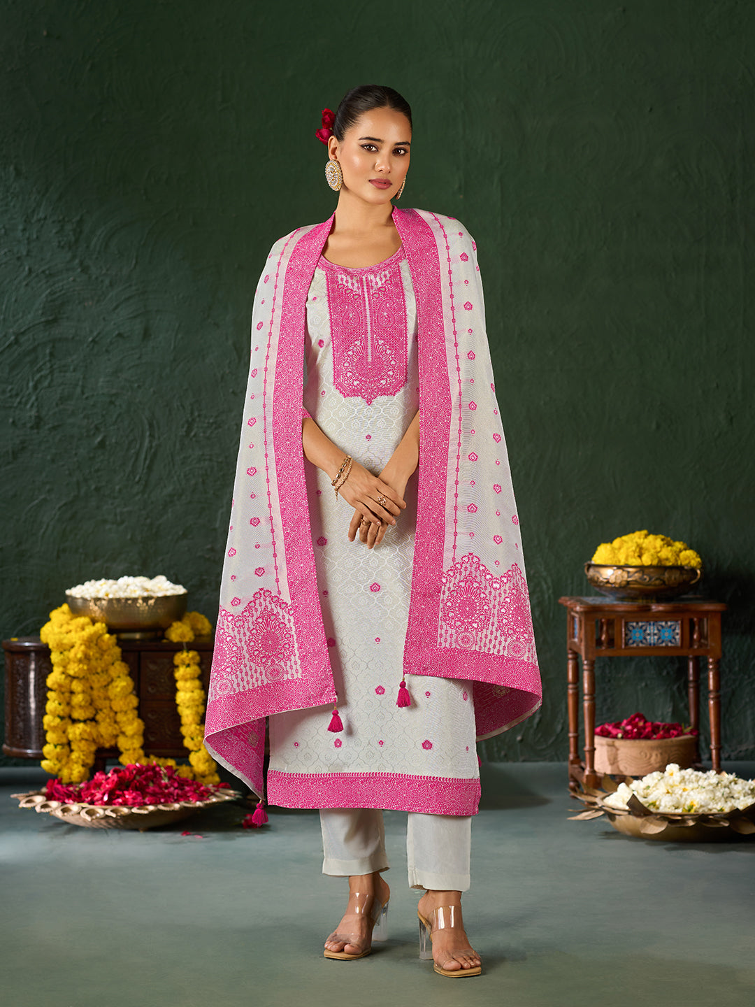 Women's Pink Pure Gold Tissue Silk Embroidered Kurta set with dupatta