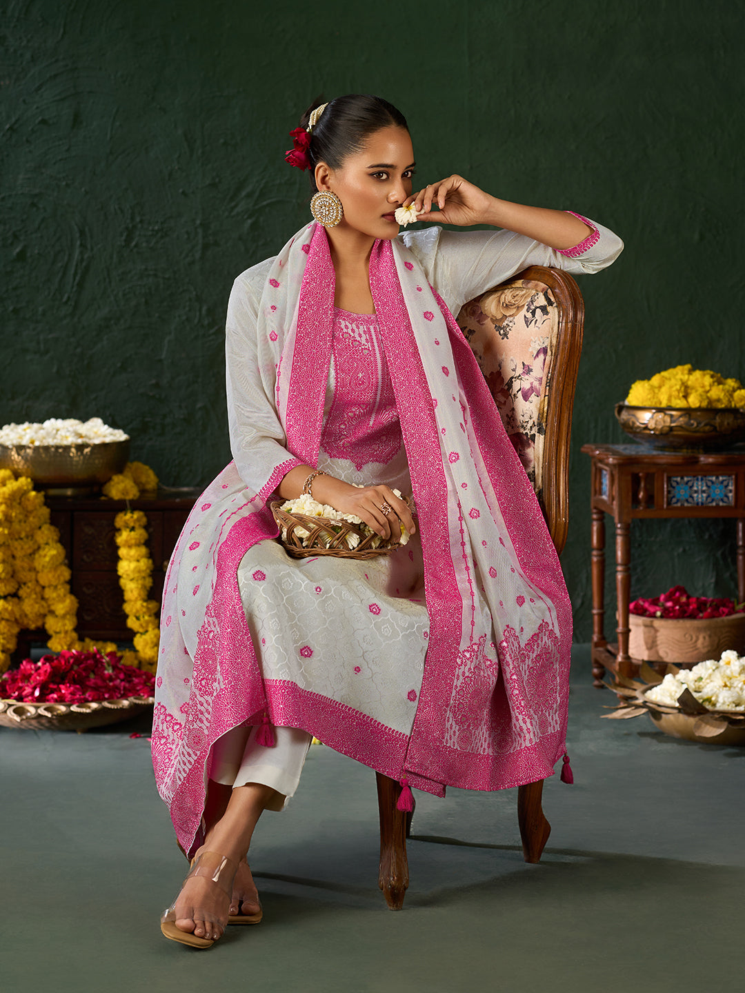 Women's Pink Pure Gold Tissue Silk Embroidered Kurta set with dupatta