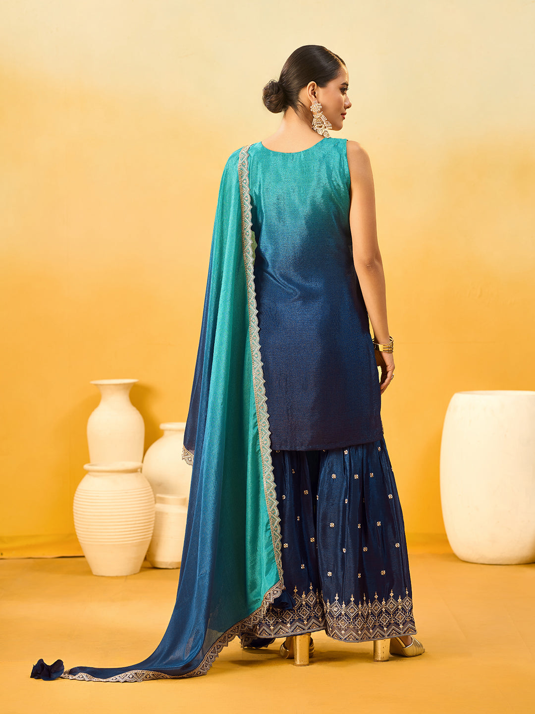 Women's Blue Poly chiffon Embroidered Sharara set with dupatta