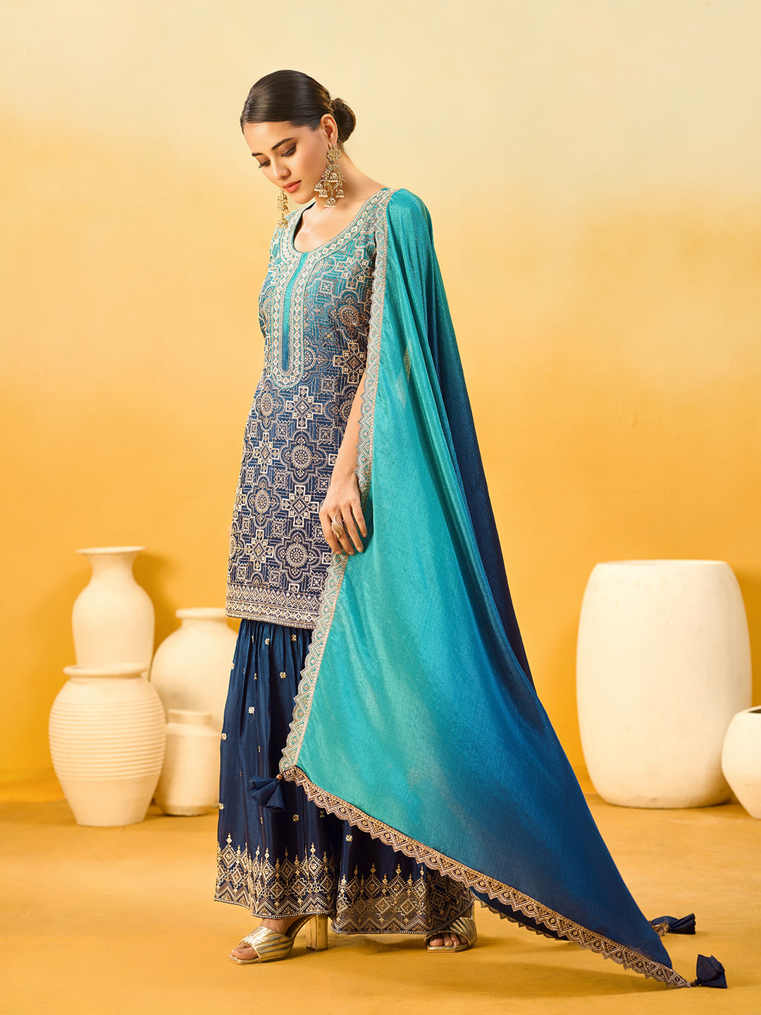 Women's Blue Poly chiffon Embroidered Sharara set with dupatta