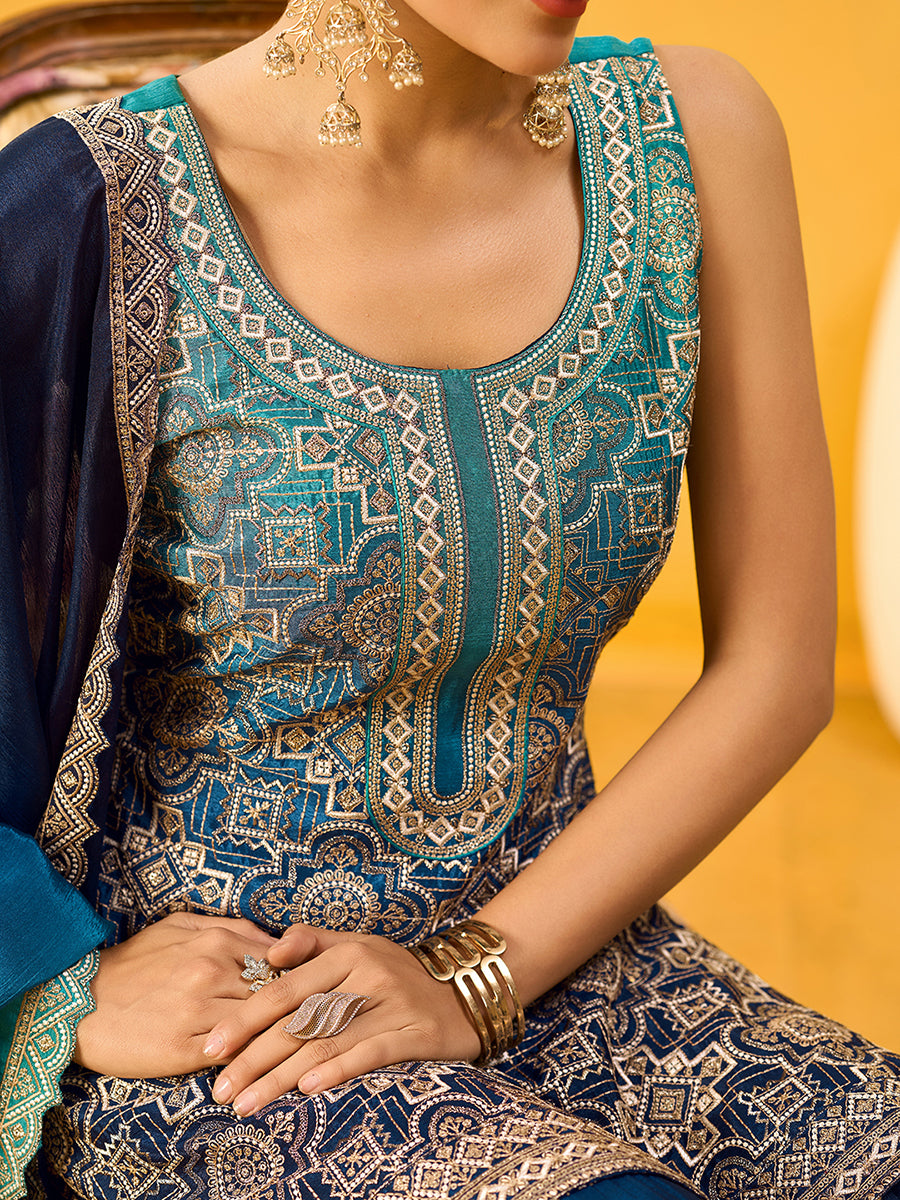 Women's Blue Poly chiffon Embroidered Sharara set with dupatta