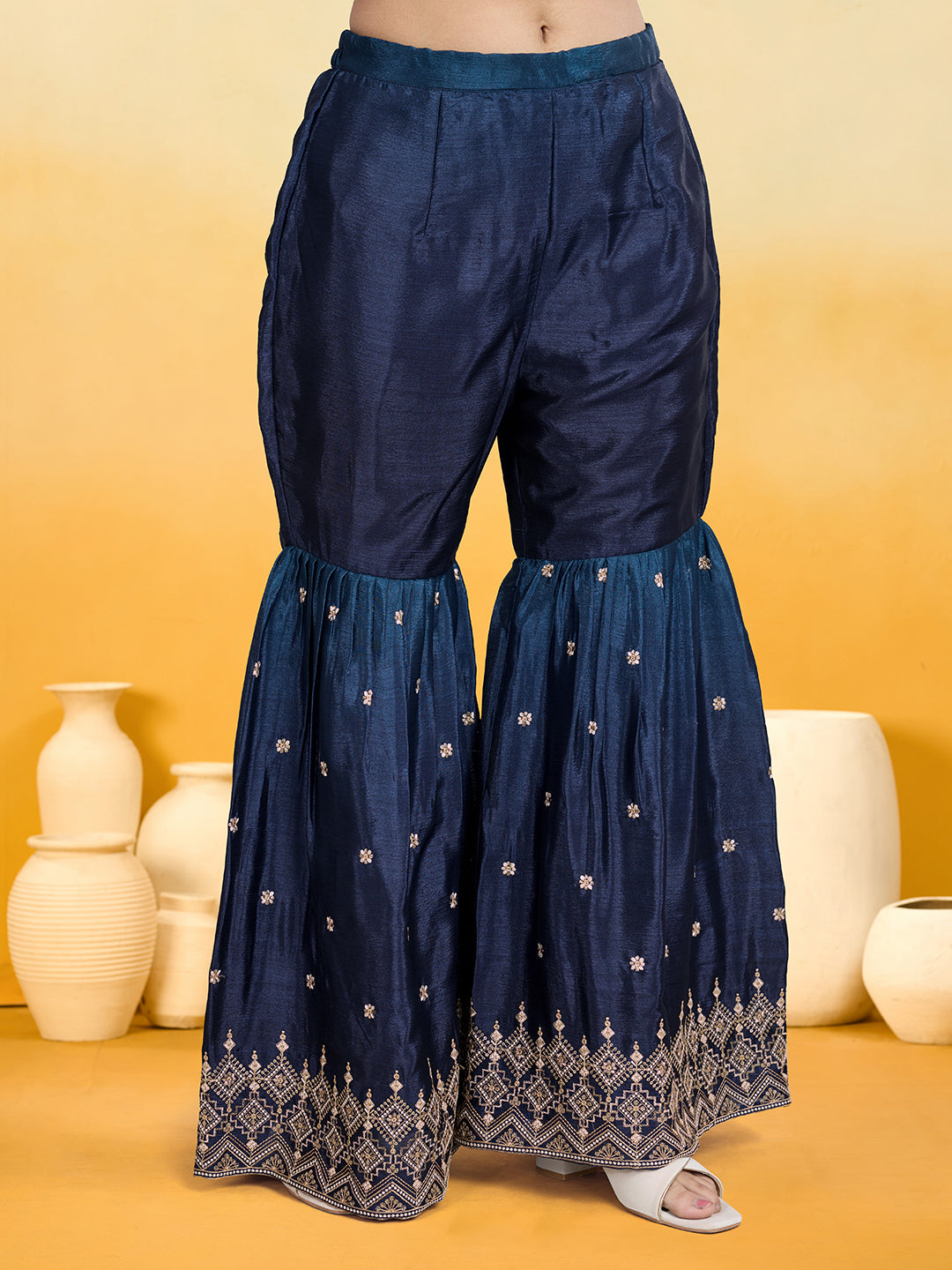 Women's Blue Poly chiffon Embroidered Sharara set with dupatta