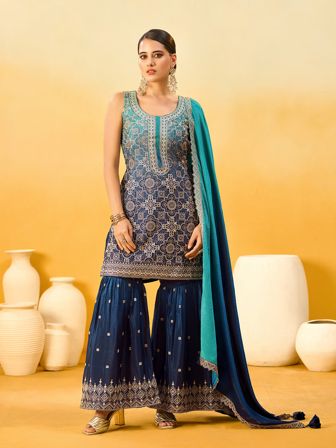Women's Blue Poly chiffon Embroidered Sharara set with dupatta