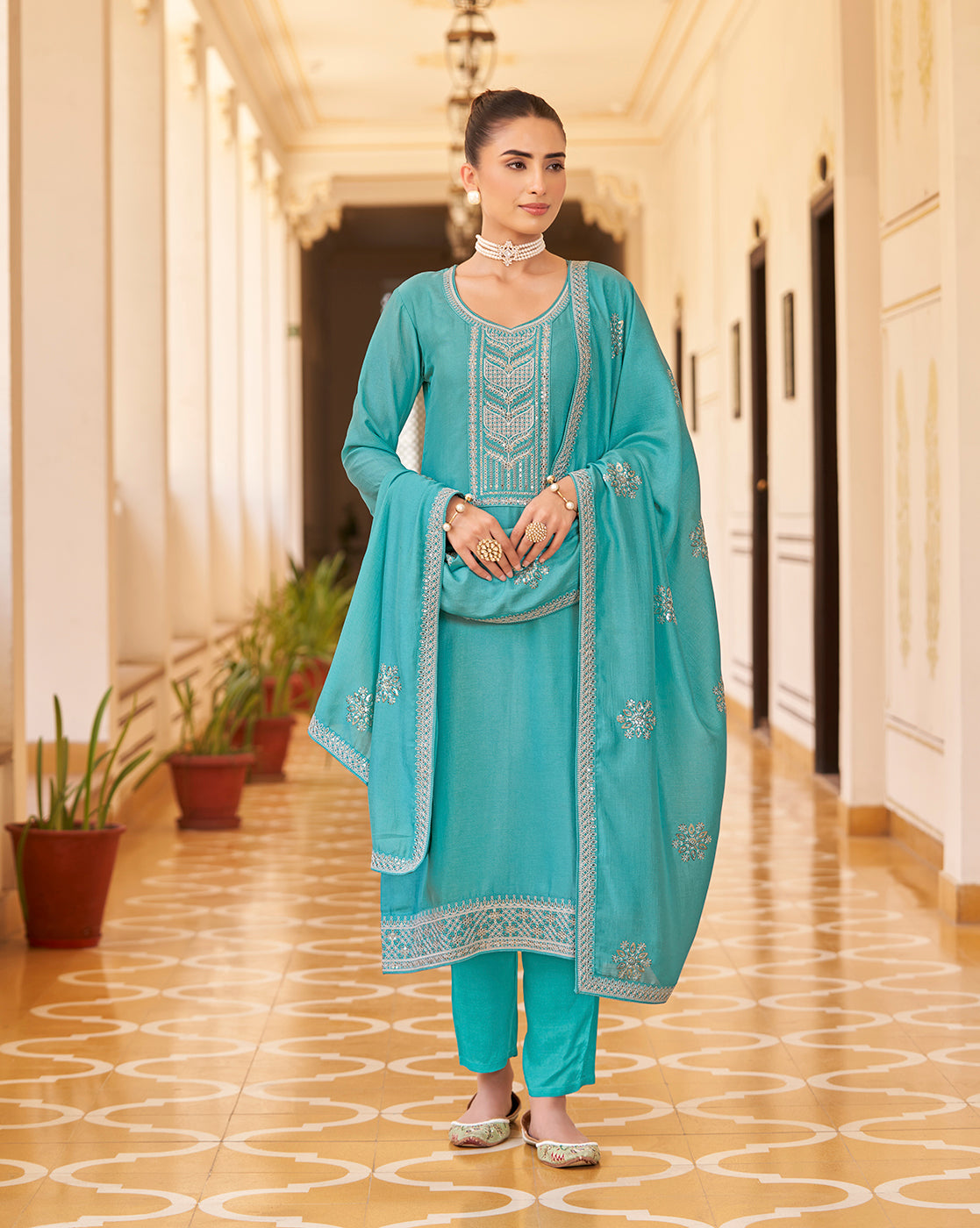 Women's Sky Blue Silk Blend Embroidered Kurta with Trouser & Dupatta