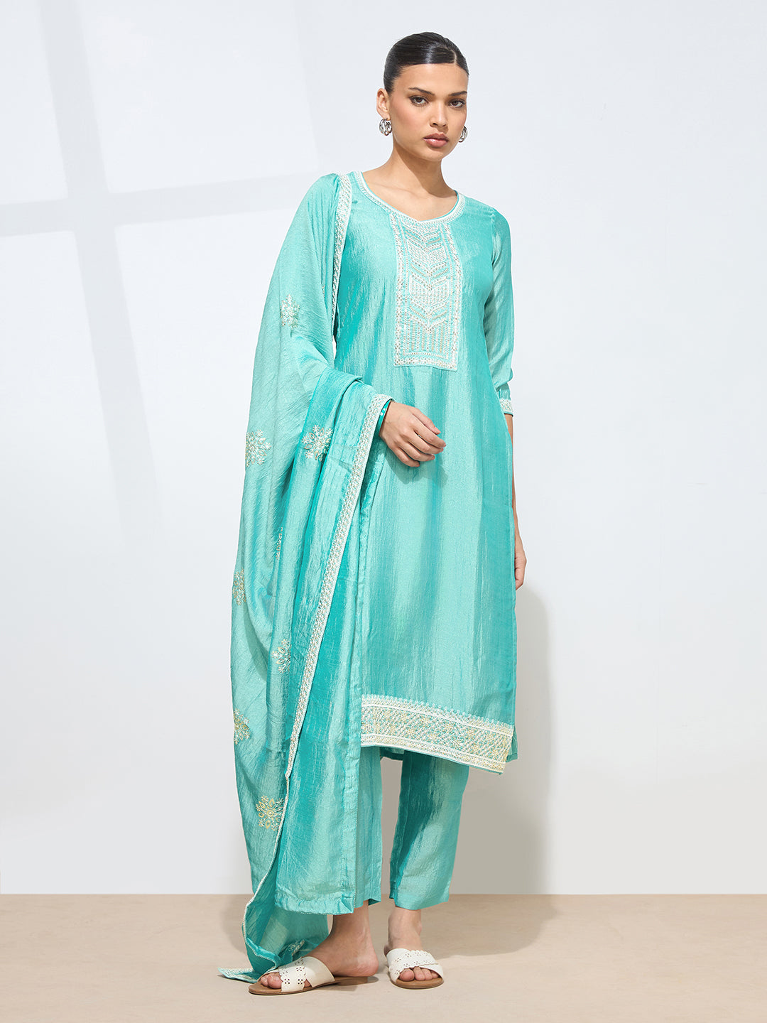 Women's Sky Blue Silk Blend Embroidered Kurta with Trouser & Dupatta