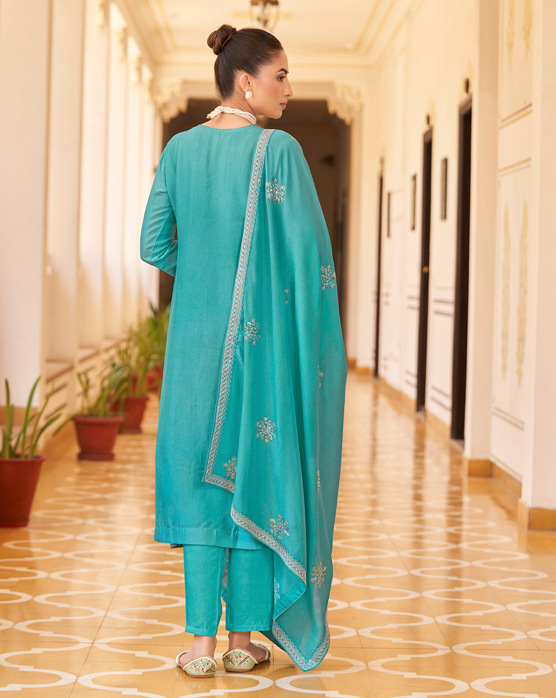 Women's Sky Blue Silk Blend Embroidered Kurta with Trouser & Dupatta