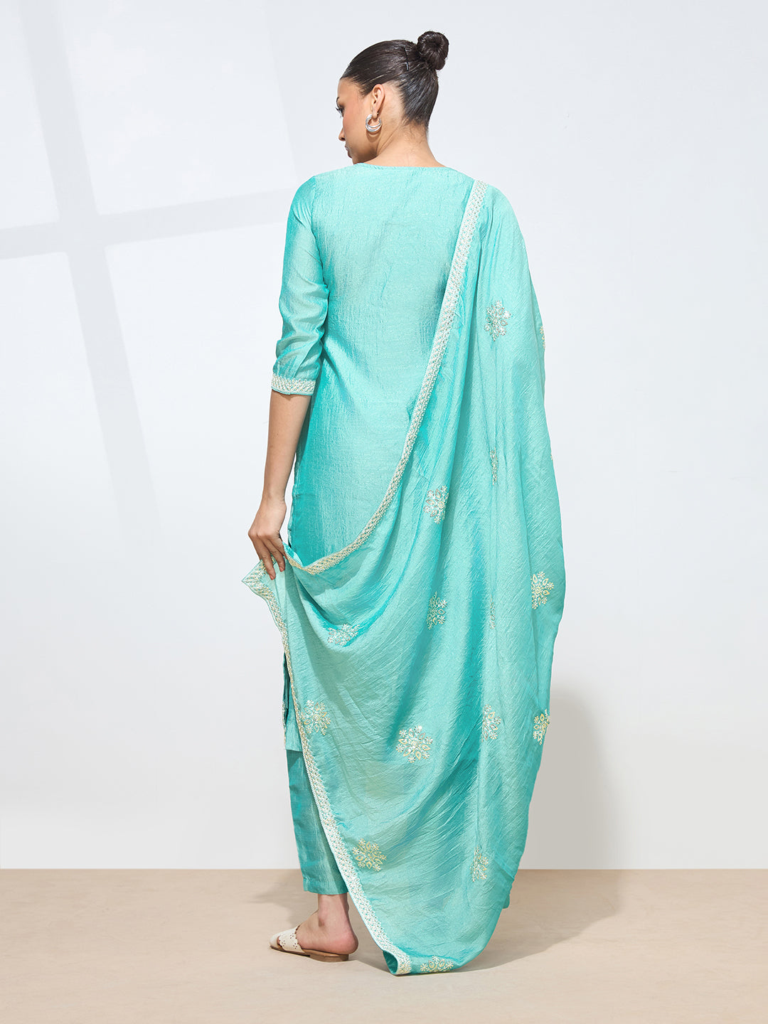 Women's Sky Blue Silk Blend Embroidered Kurta with Trouser & Dupatta