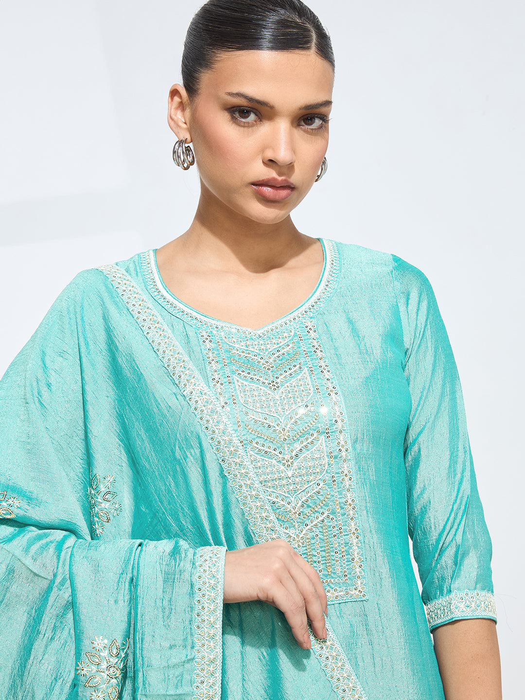 Women's Sky Blue Silk Blend Embroidered Kurta with Trouser & Dupatta