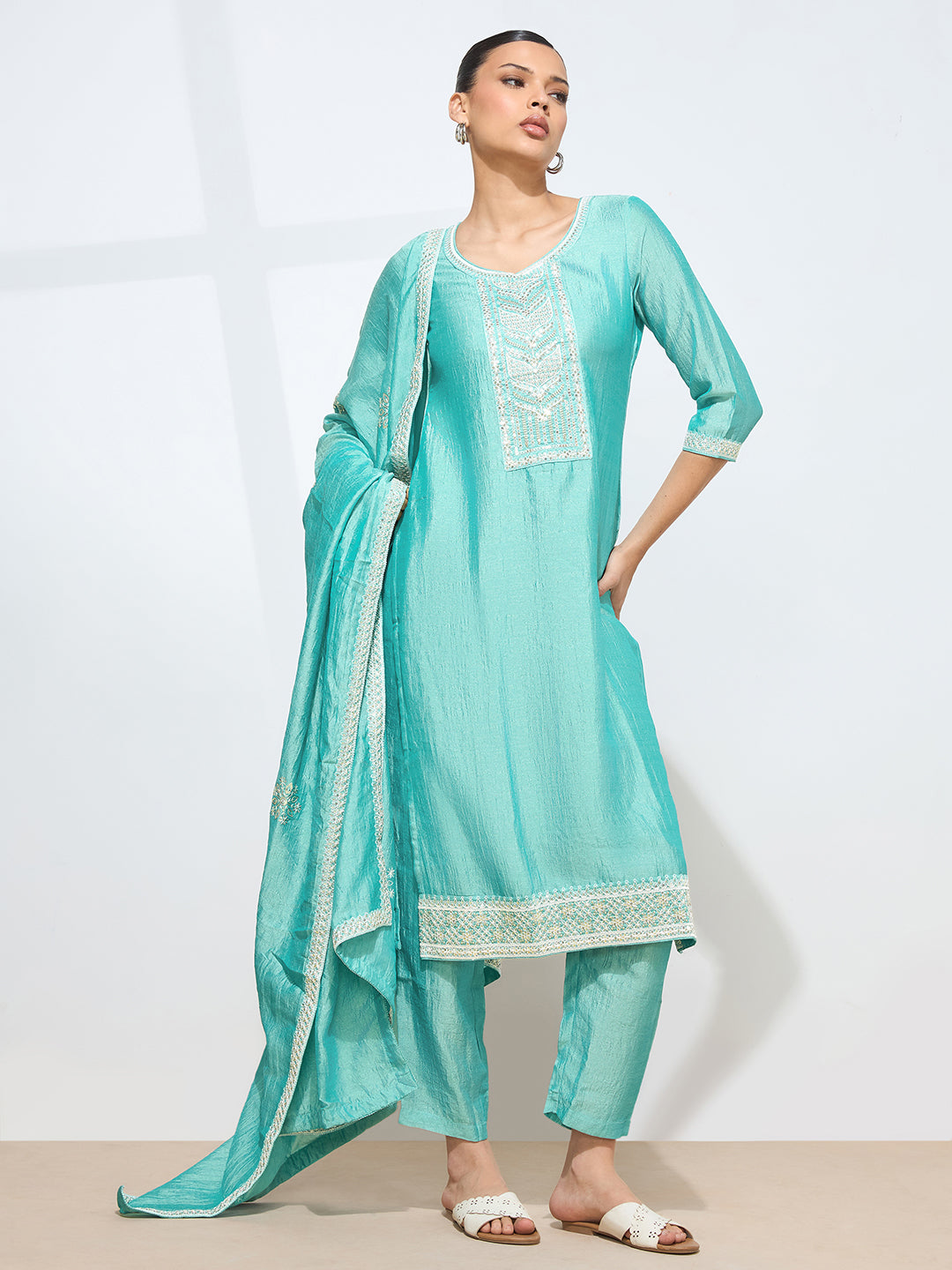 Women's Sky Blue Silk Blend Embroidered Kurta with Trouser & Dupatta