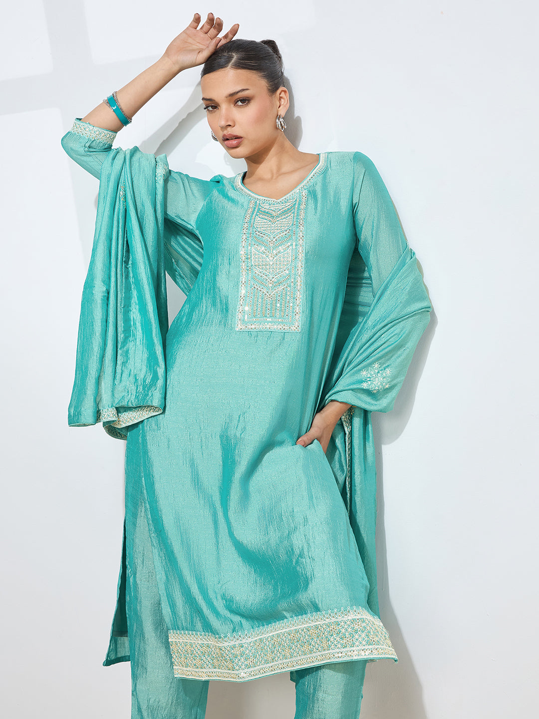 Women's Sky Blue Silk Blend Embroidered Kurta with Trouser & Dupatta