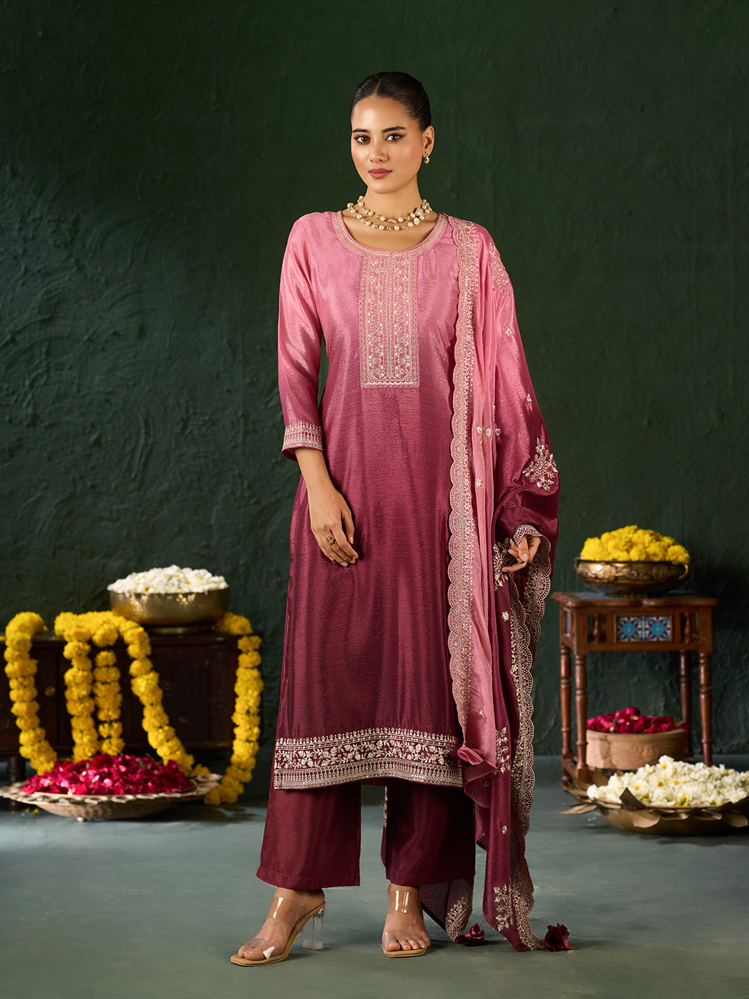 Women's Pink Poly chiffon Embroidered Kurta set with dupatta