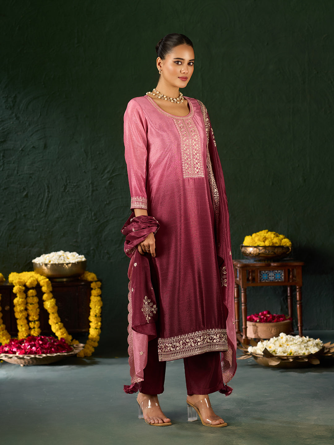 Women's Pink Poly chiffon Embroidered Kurta set with dupatta