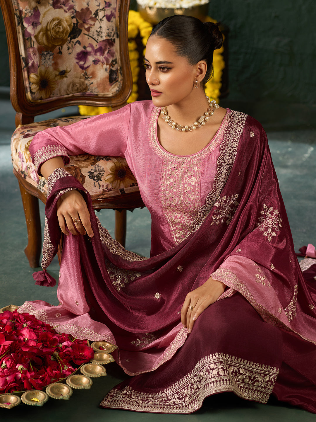 Women's Pink Poly chiffon Embroidered Kurta set with dupatta