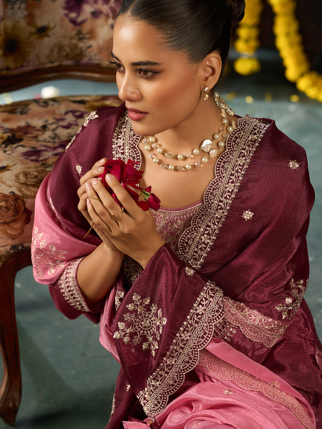 Women's Pink Poly chiffon Embroidered Kurta set with dupatta