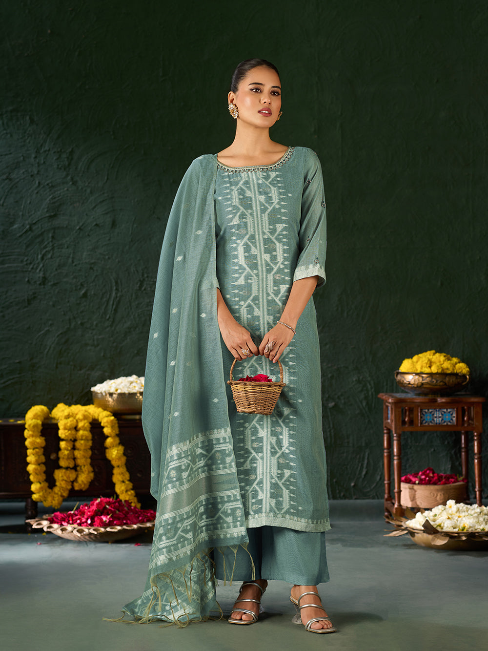 Women's Blue Silk Blend Jacquard Kurta set with dupatta