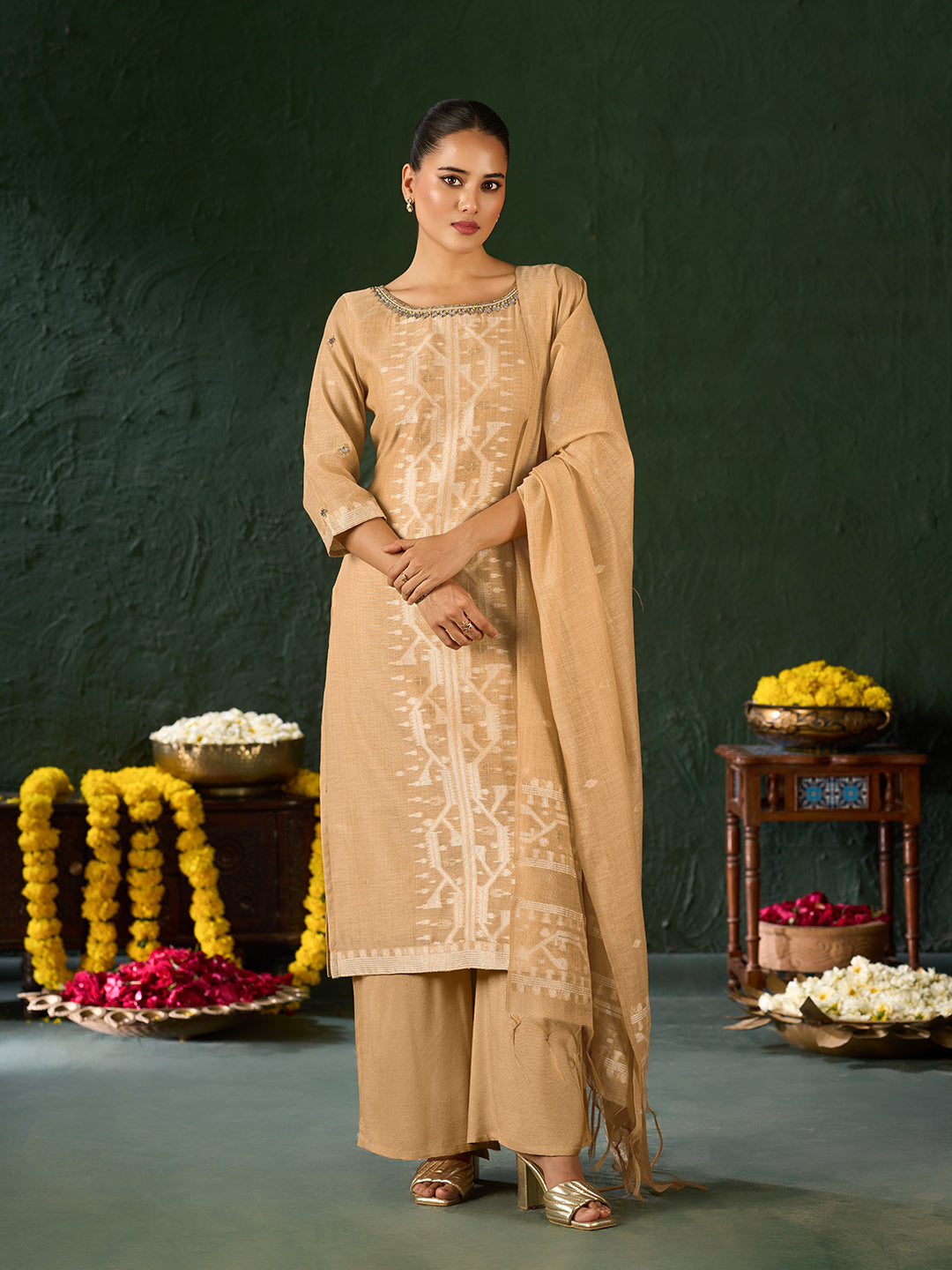 Women's Gold Silk Blend Jacquard Kurta set with dupatta