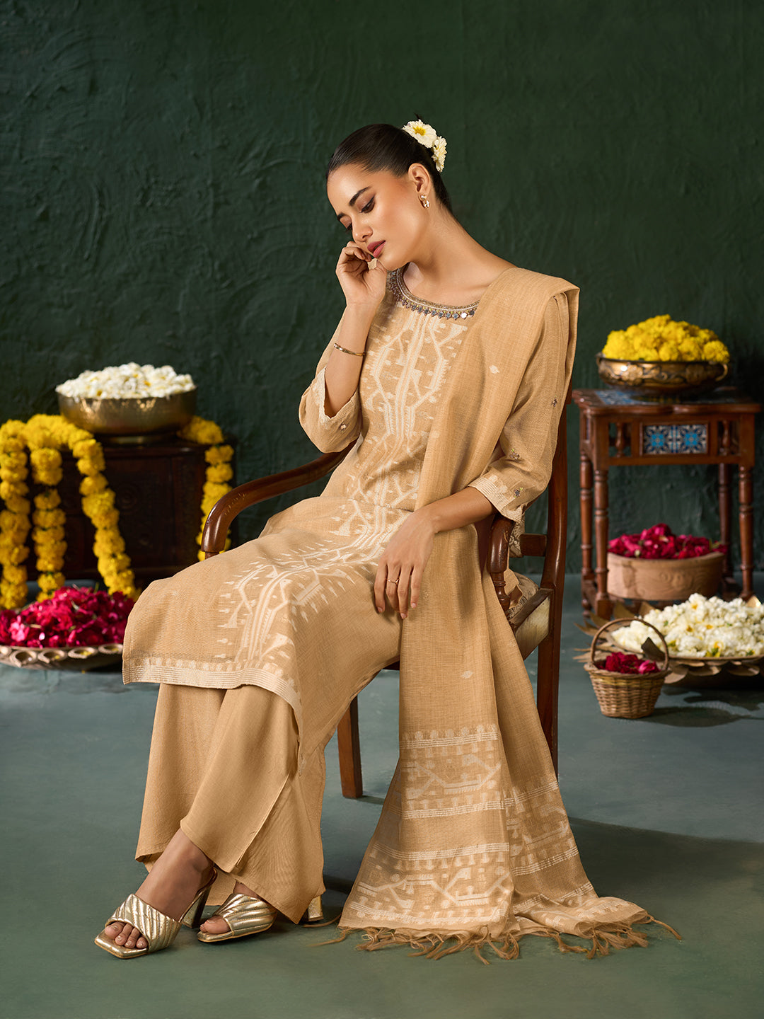 Women's Gold Silk Blend Jacquard Kurta set with dupatta