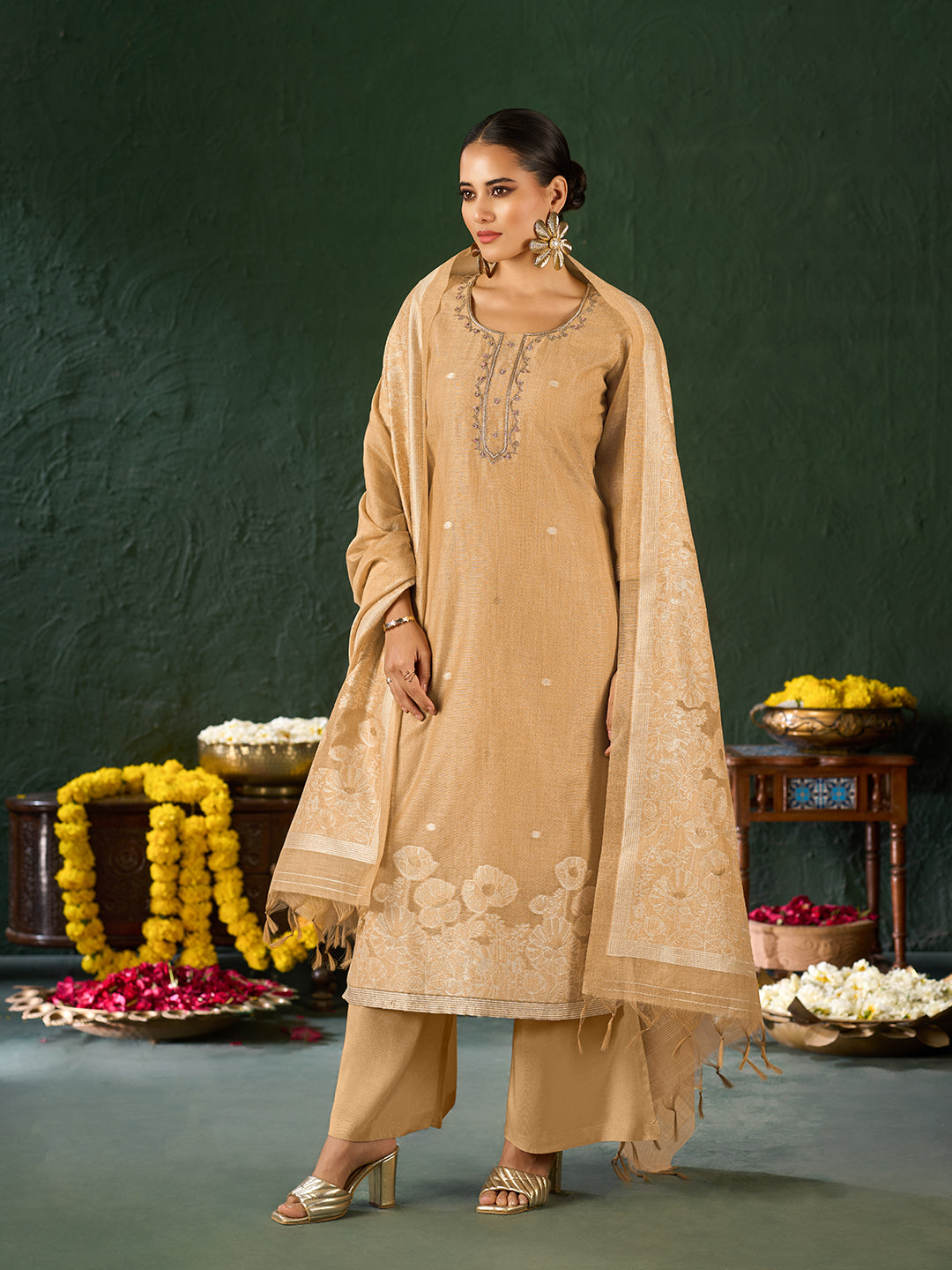 Women's Gold Silk Blend Jacquard Kurta set with dupatta