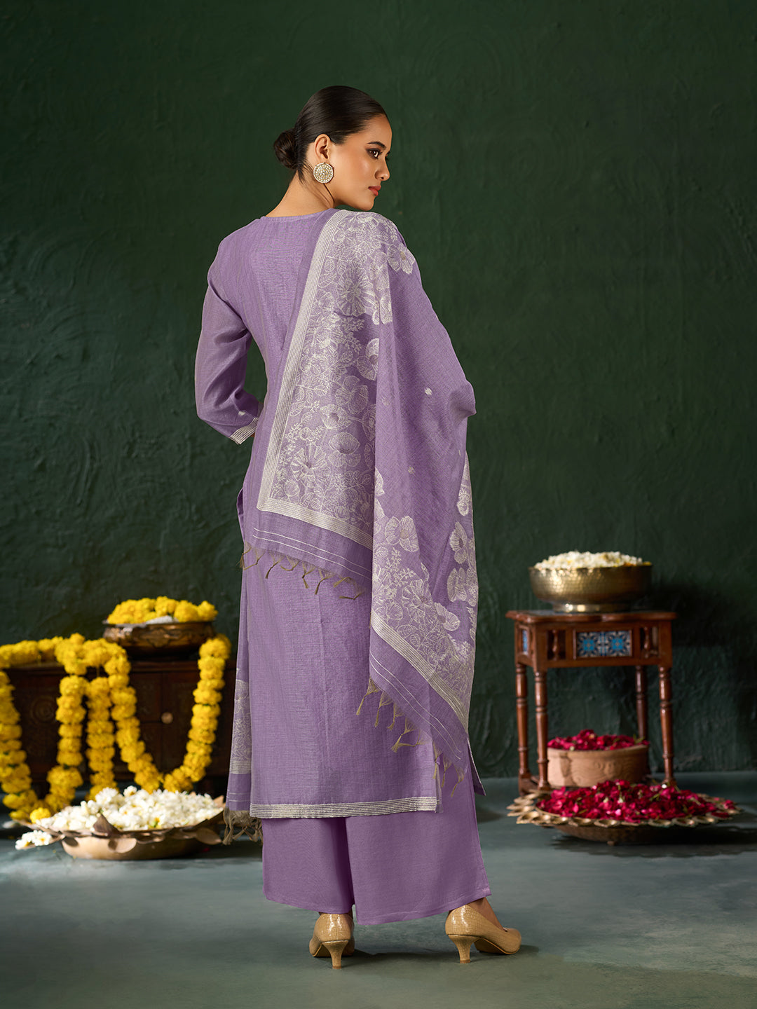 Women's Lavender Silk Blend Jacquard Kurta set with dupatta