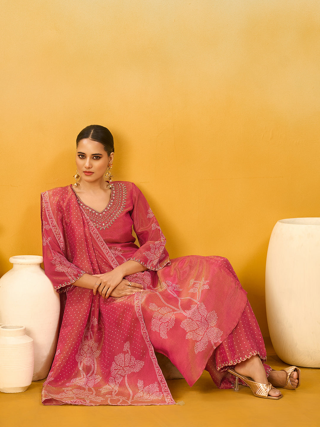 Women's Red Pure Shimmer Silk Embroidered Kurta set with dupatta