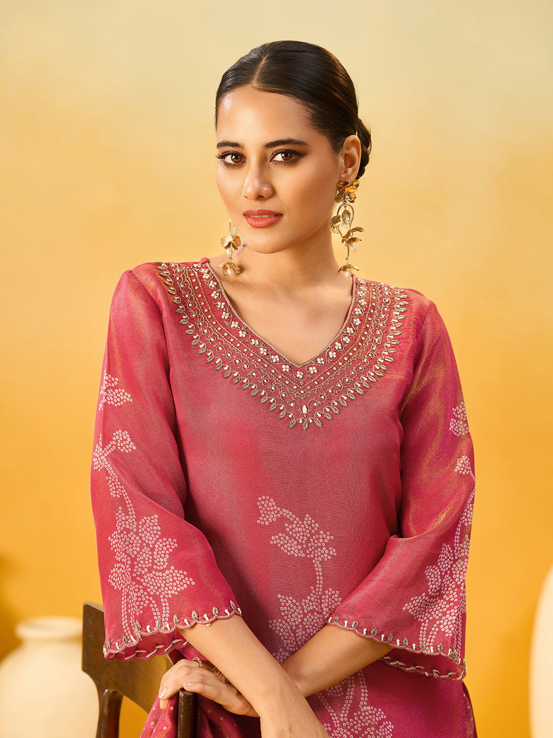 Women's Red Pure Shimmer Silk Embroidered Kurta set with dupatta