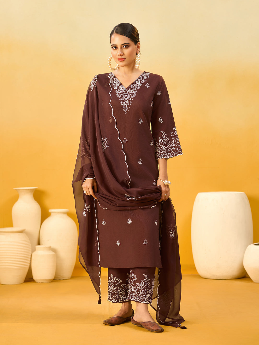 Women's Brown Silk Blend Embroidered Kurta set with dupatta