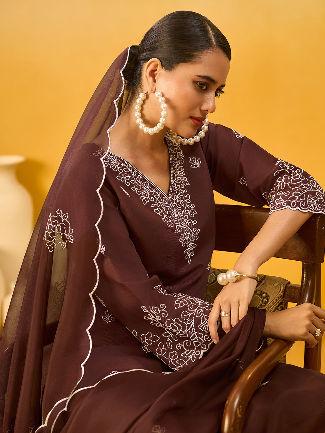 Women's Brown Silk Blend Embroidered Kurta set with dupatta