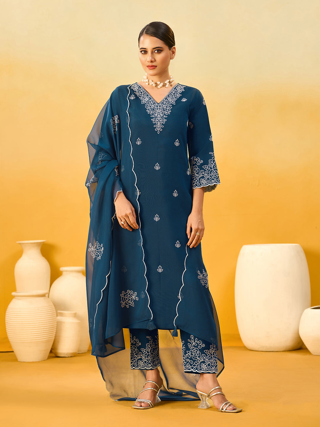 Women's Navy Blue Silk Blend Embroidered Kurta set with dupatta
