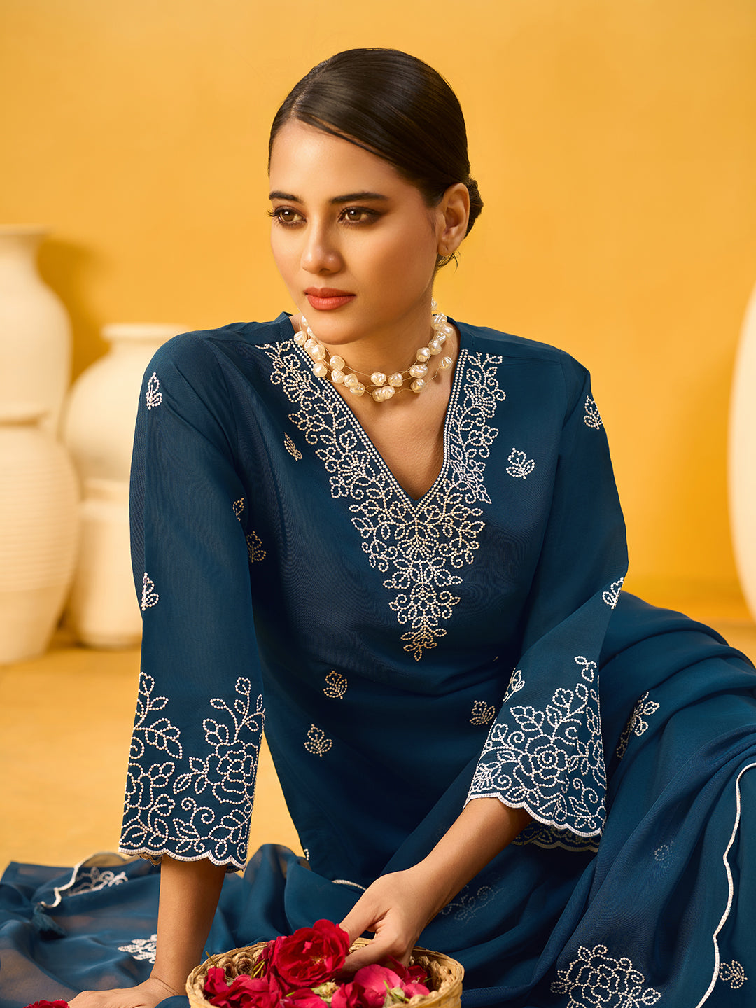 Women's Navy Blue Silk Blend Embroidered Kurta set with dupatta