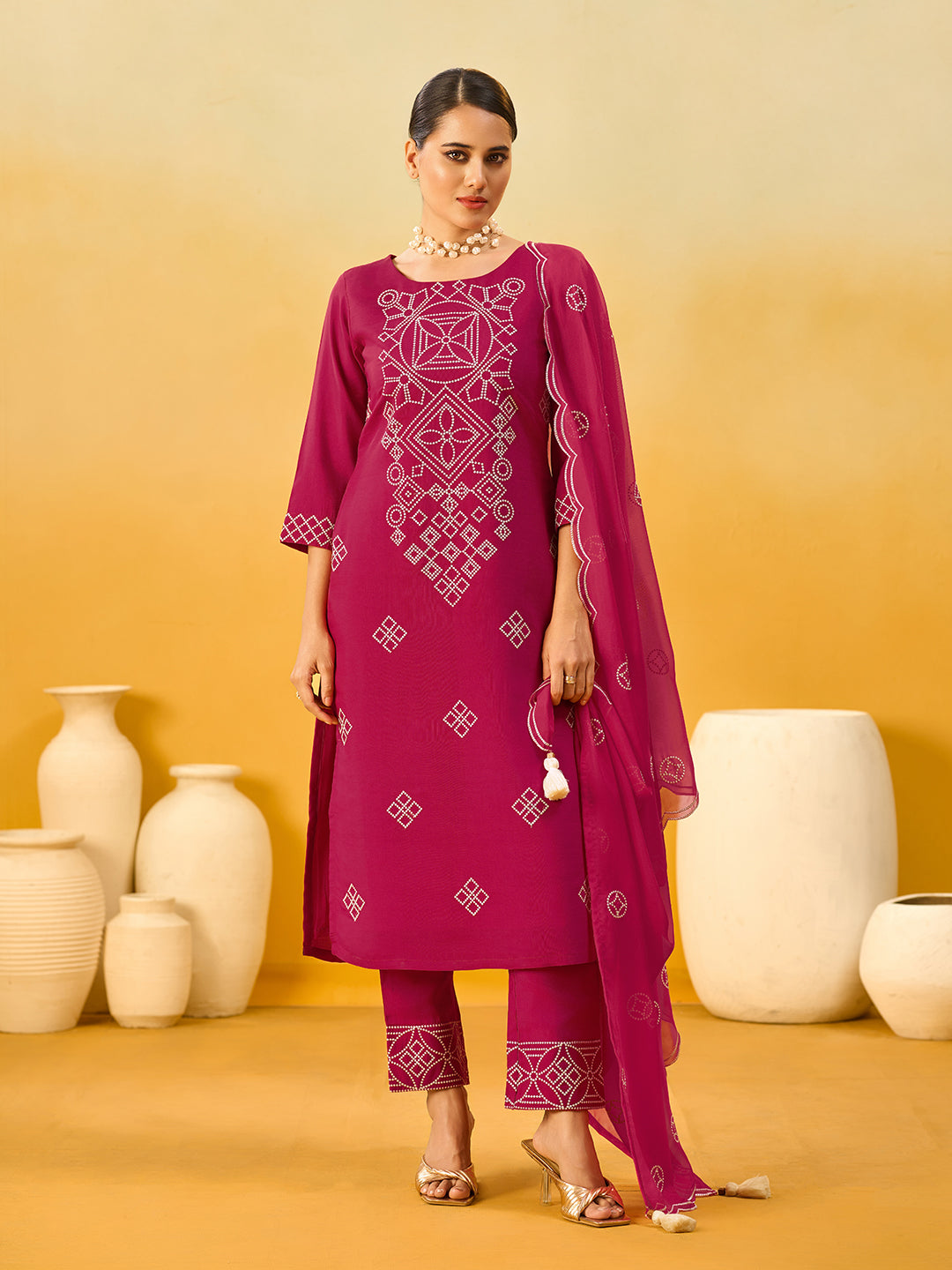 Women's Red Silk Blend Embroidered Kurta set with dupatta