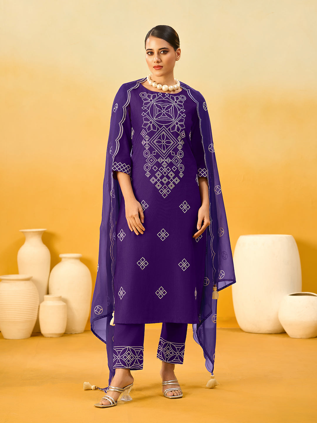 Women's Violet Silk Blend Embroidered Kurta set with dupatta