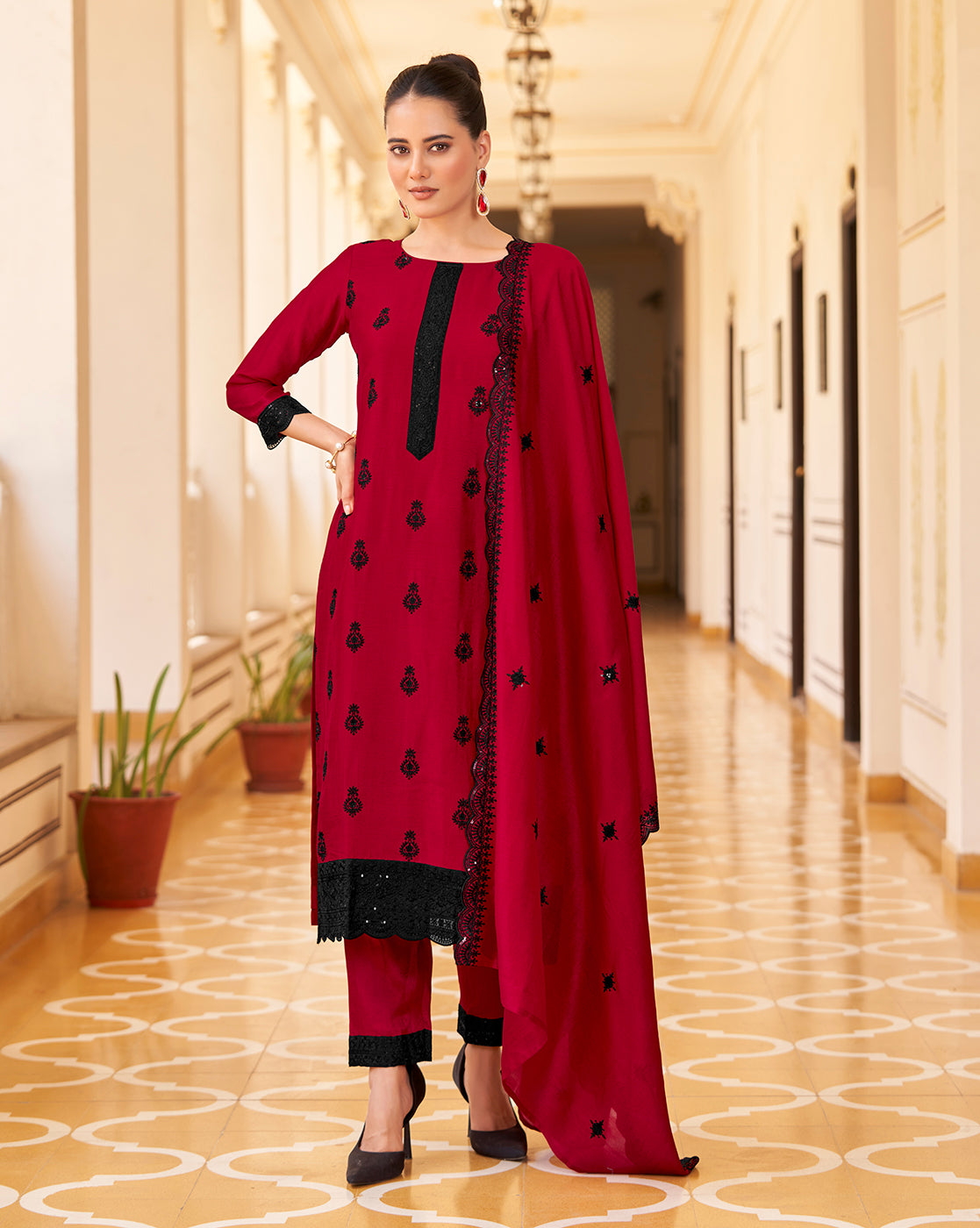 Women's Red Silk Blend Embroidered Kurta with Trouser & Dupatta