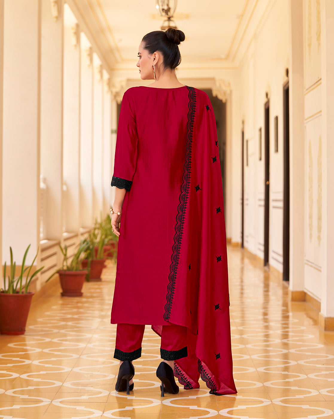 Women's Red Silk Blend Embroidered Kurta with Trouser & Dupatta