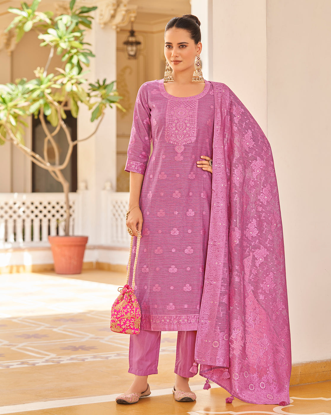 Women's Pink Silk Blend Woven Design Kurta with Trouser & Woven Dupatta