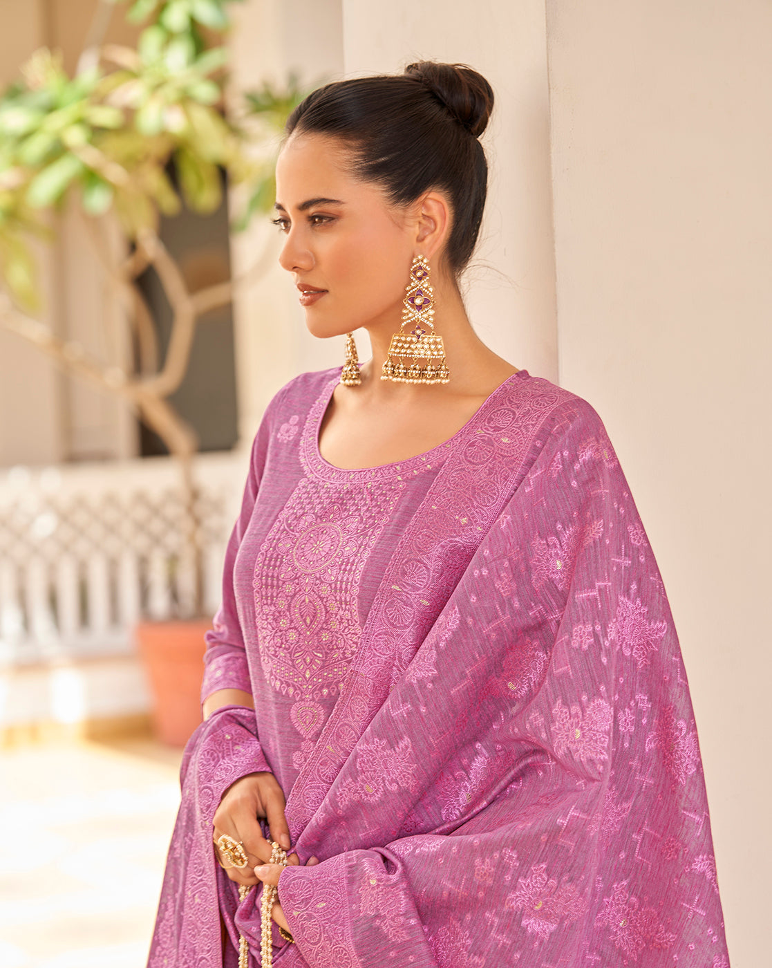 Women's Pink Silk Blend Woven Design Kurta with Trouser & Woven Dupatta