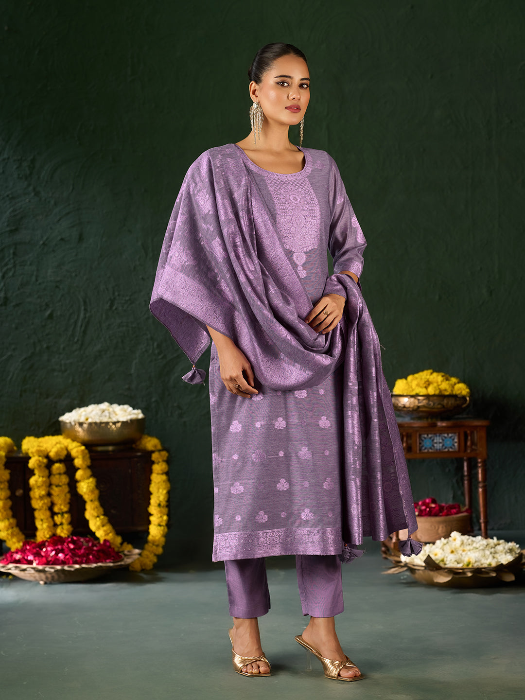 Women's Purple Silk Blend Woven Design Kurta with Trouser & Woven Dupatta
