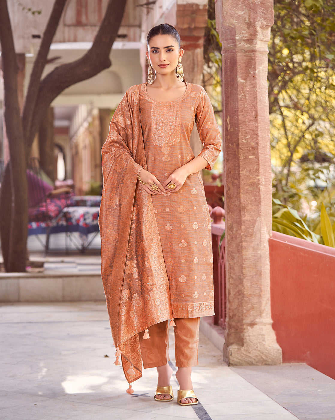 Women's Rust Silk Blend Woven Design Kurta with Trouser & Woven Dupatta