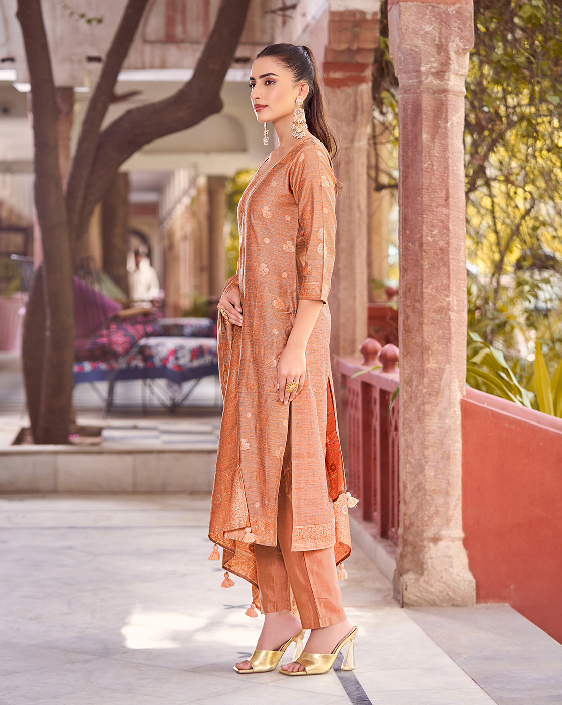 Women's Rust Silk Blend Woven Design Kurta with Trouser & Woven Dupatta