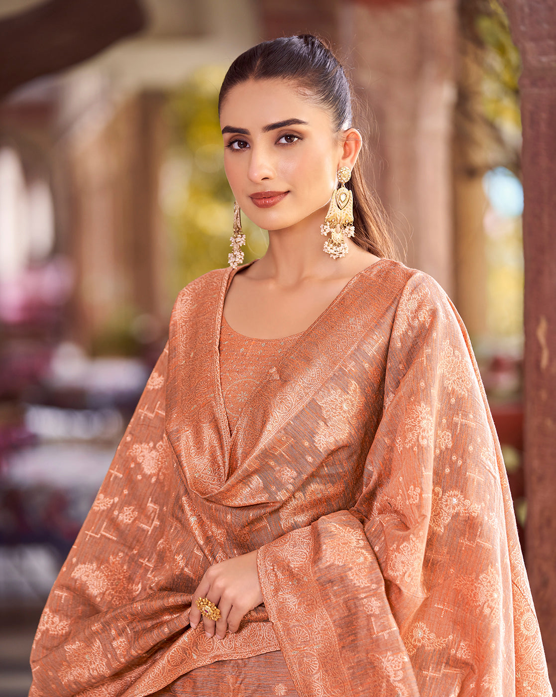 Women's Rust Silk Blend Woven Design Kurta with Trouser & Woven Dupatta