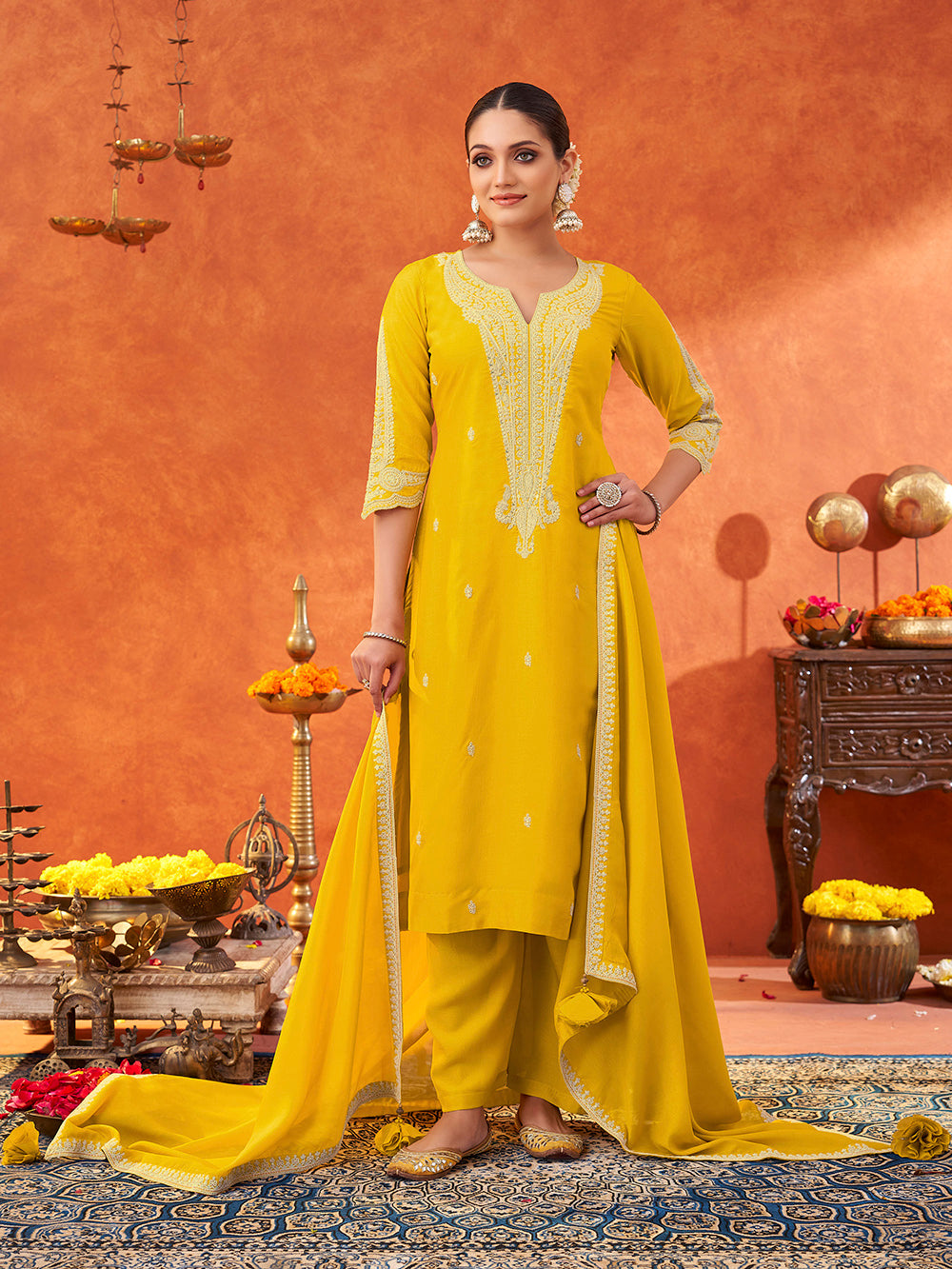Women's Yellow Silk Blend Embroidered Yoke Kurta with Trouser & Dupatta