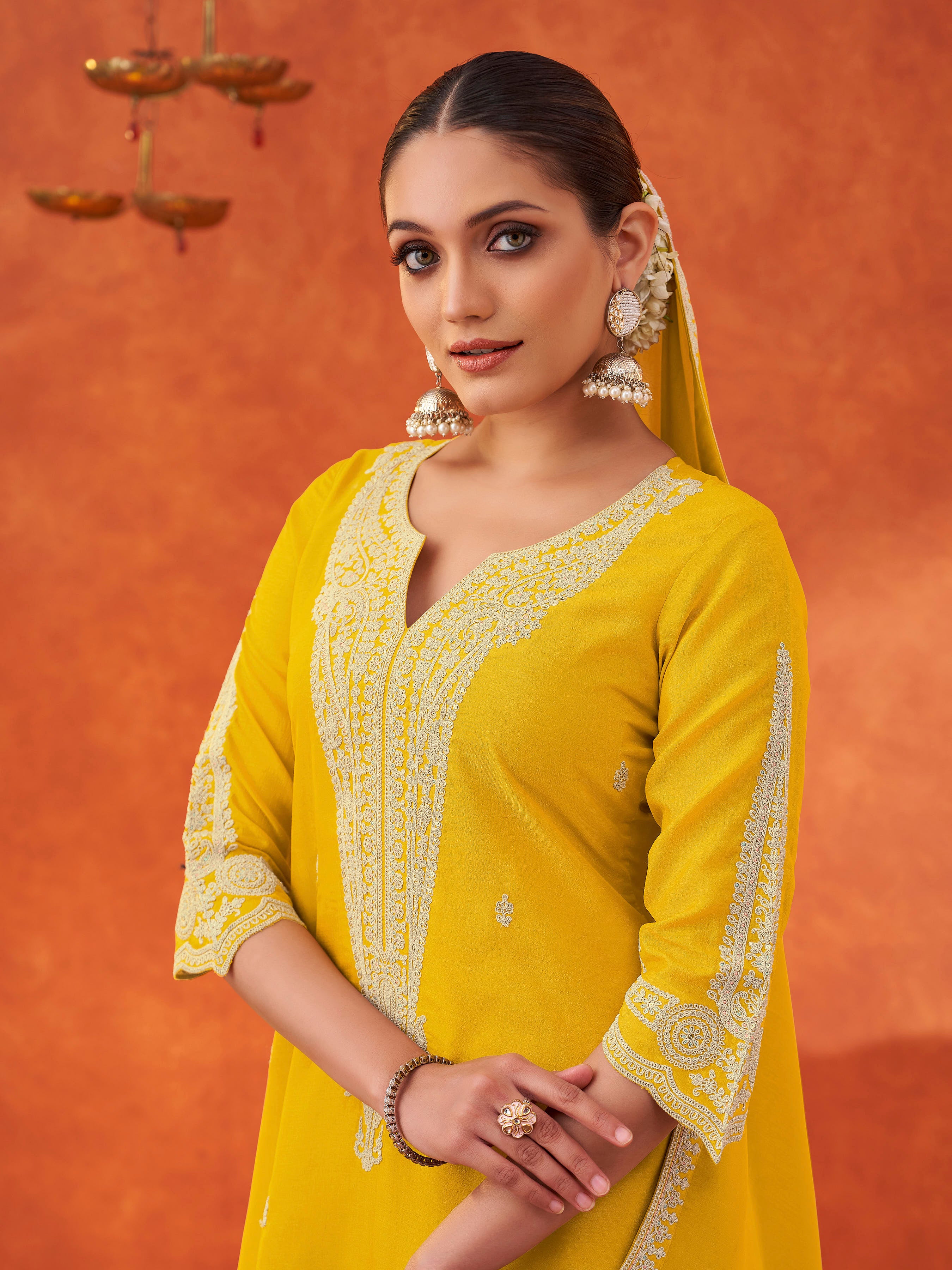 Women's Yellow Silk Blend Embroidered Yoke Kurta with Trouser & Dupatta