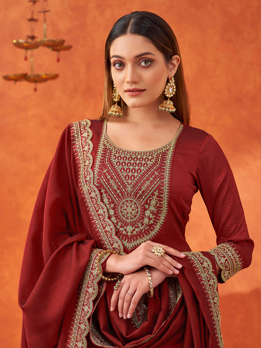 Women's Sky Women's Maroon Silk Blend Sequence Embroidered Sharara set with dupatta with scallop edgeBlue Silk Blend Embroidered Kurta with Trouser & Dupatta