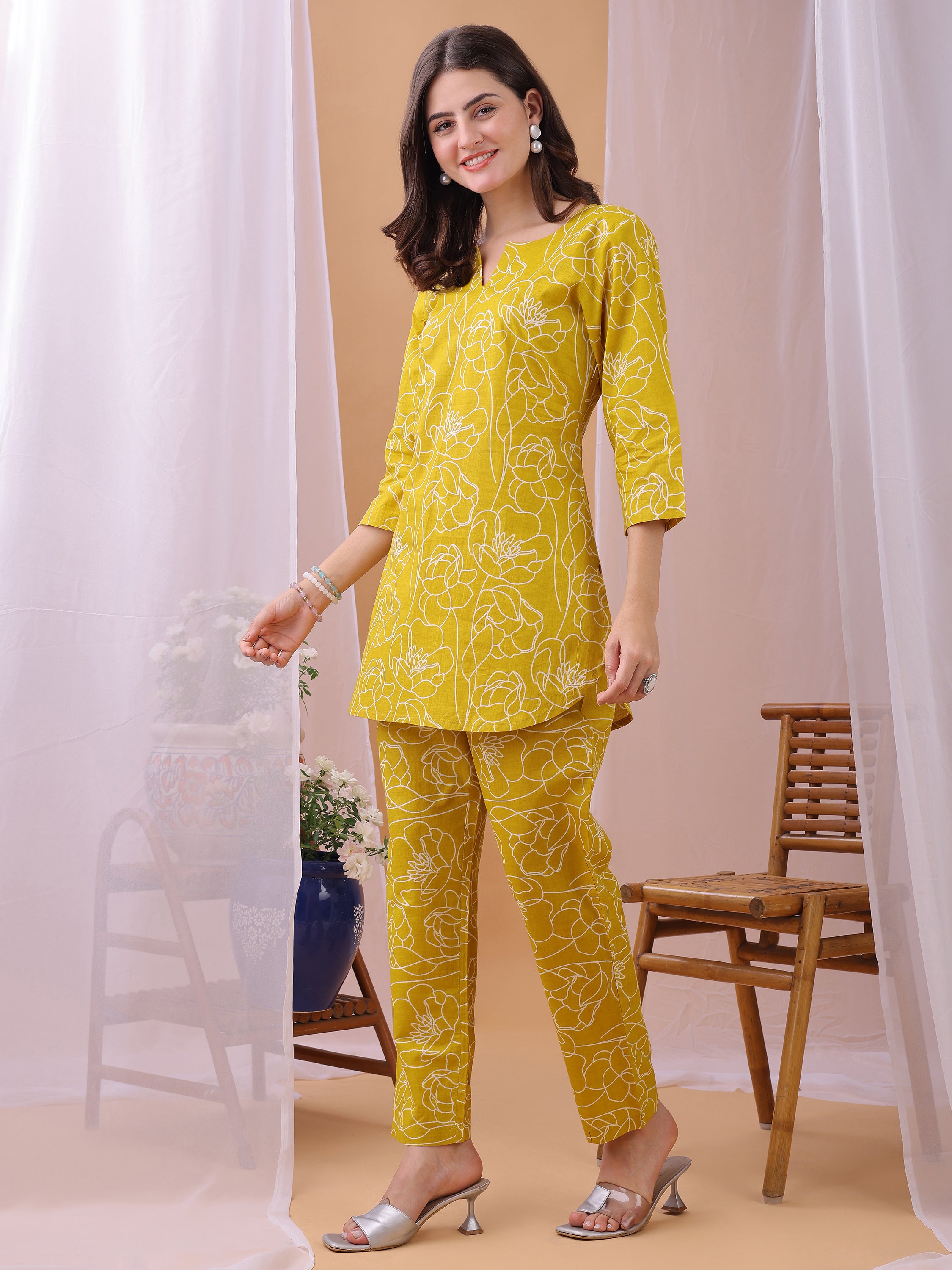 Cozy Mustard Floral Printed Pure Cambric Cotton Co-ords set
