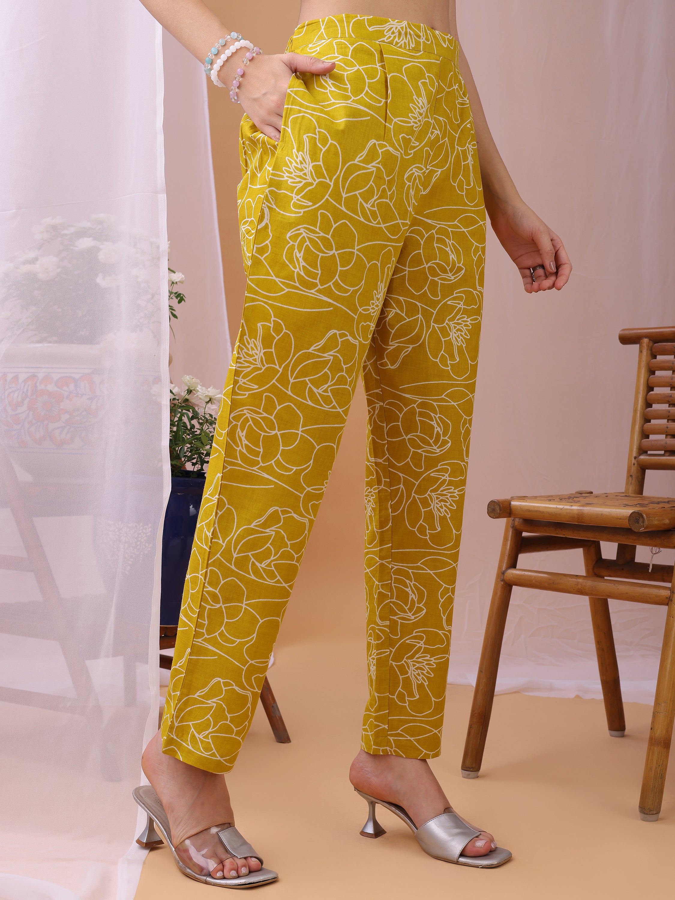 Cozy Mustard Floral Printed Pure Cambric Cotton Co-ords set